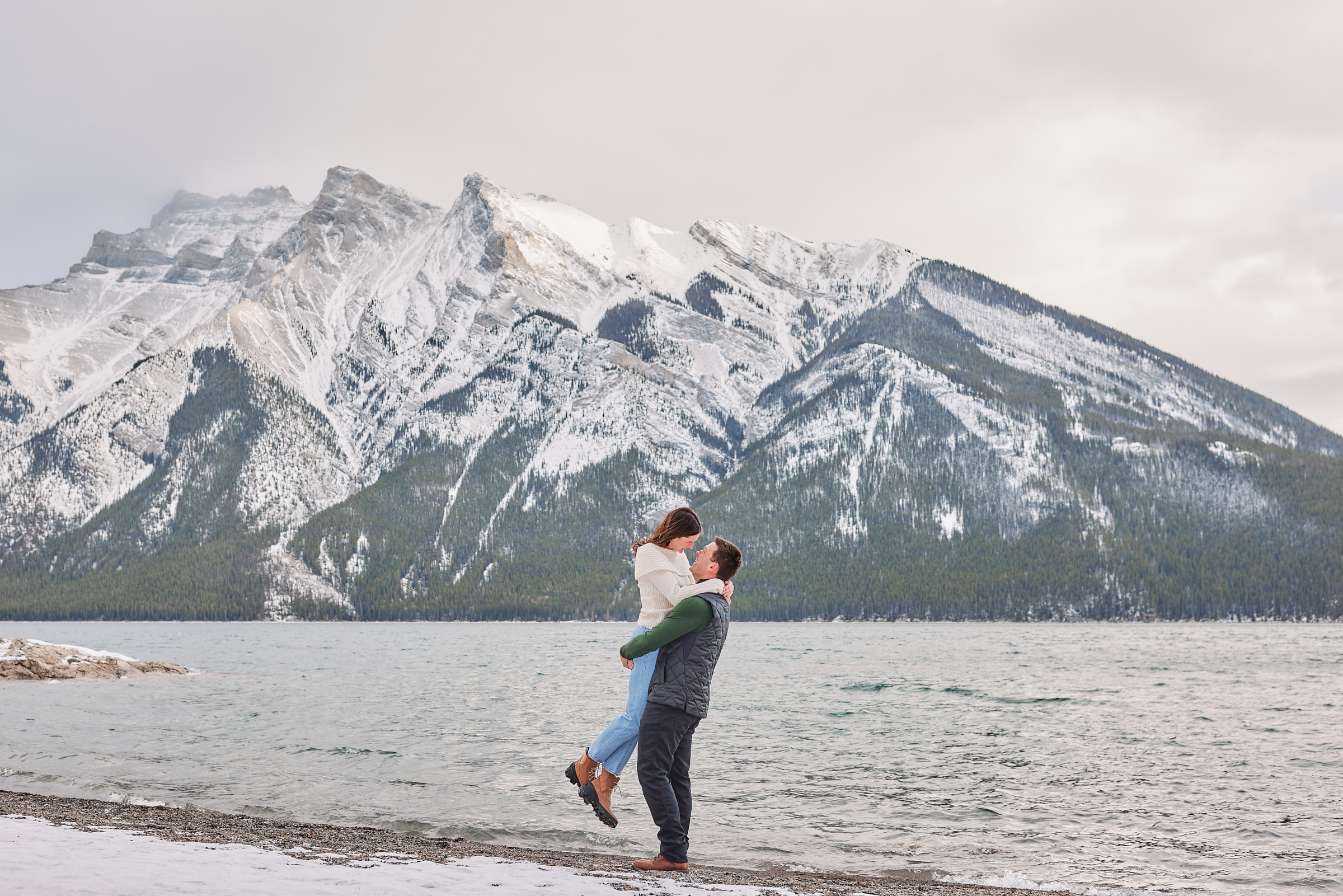 Lake Minnewanka Winter Engagement Photos