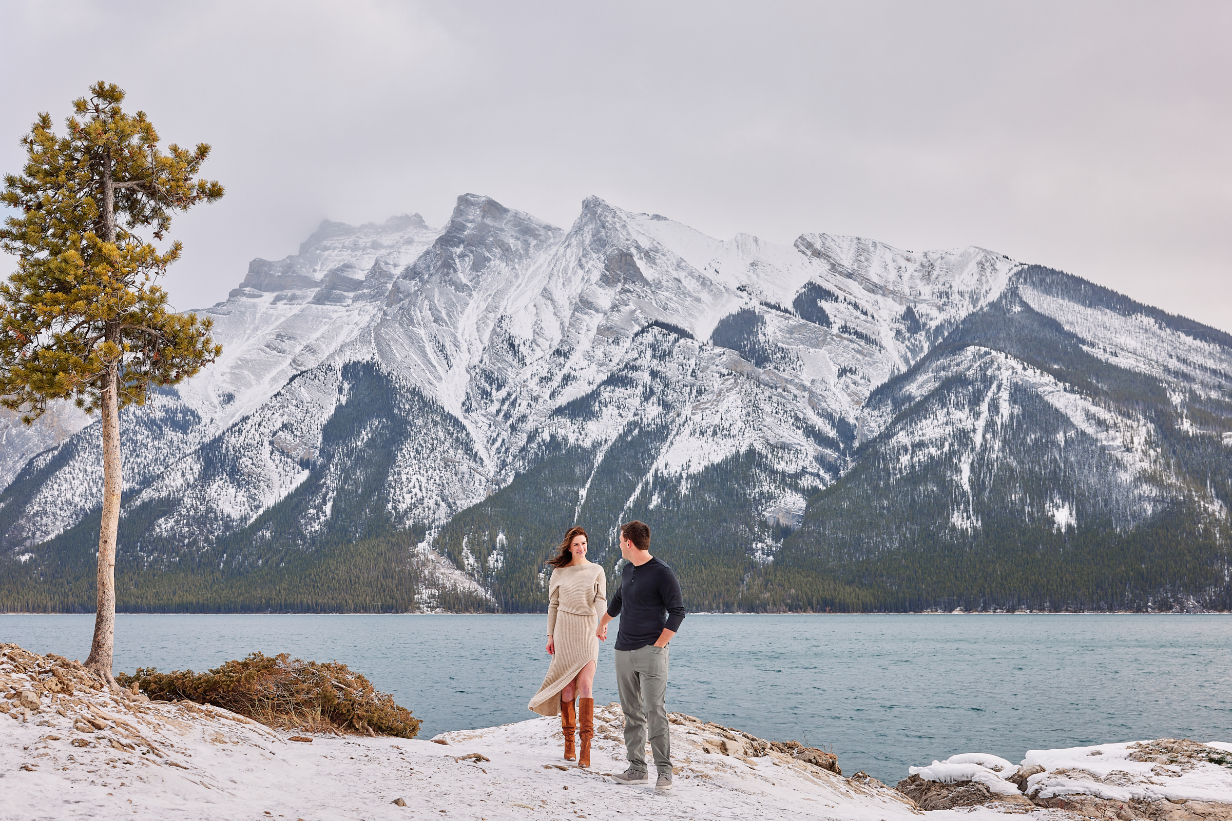 Lake Minnewanka Winter Engagement Photos